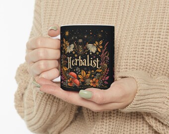 Herbalist Ceramic Coffee Mug, 11oz 15oz Boho Coffee Cup, Hippie Design Drink Mug, Herbs Ceramic Coffee Mug