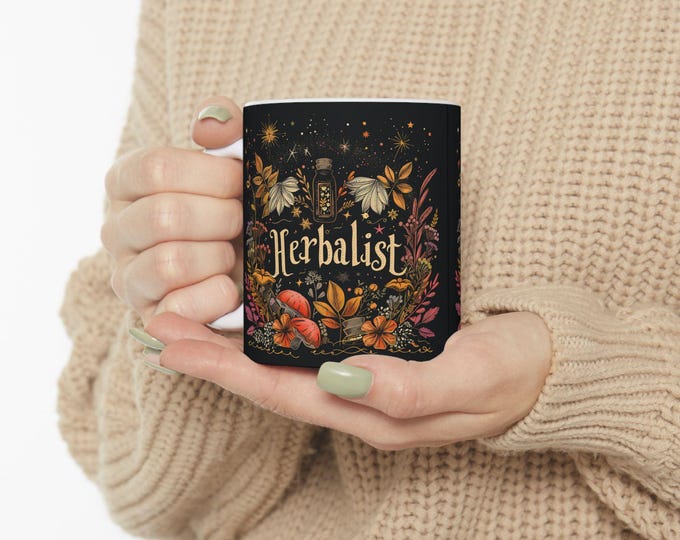Herbalist Ceramic Coffee Mug, 11oz 15oz Boho Coffee Cup, Hippie Design Drink Mug, Herbs Ceramic Coffee Mug