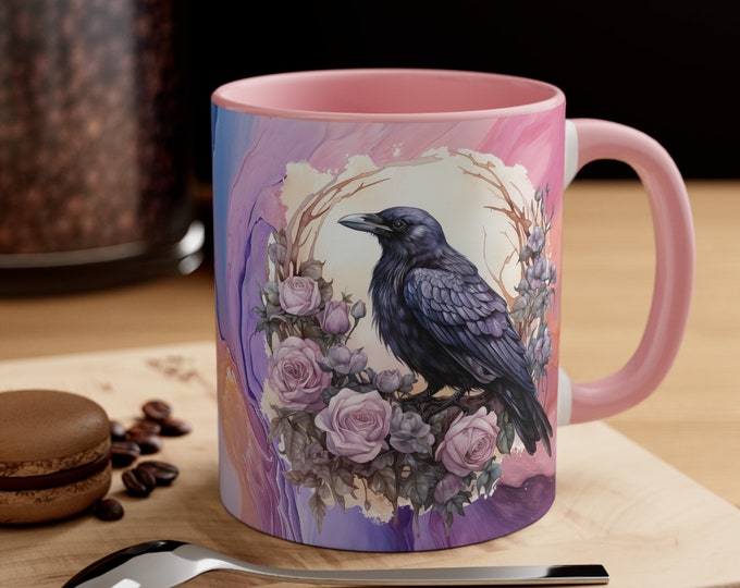 Ceramic Coffee Mug, 11oz Boho Coffee Cup, Black Raven with Flowers Animal Drink Mug, Choose from 5 Colors!