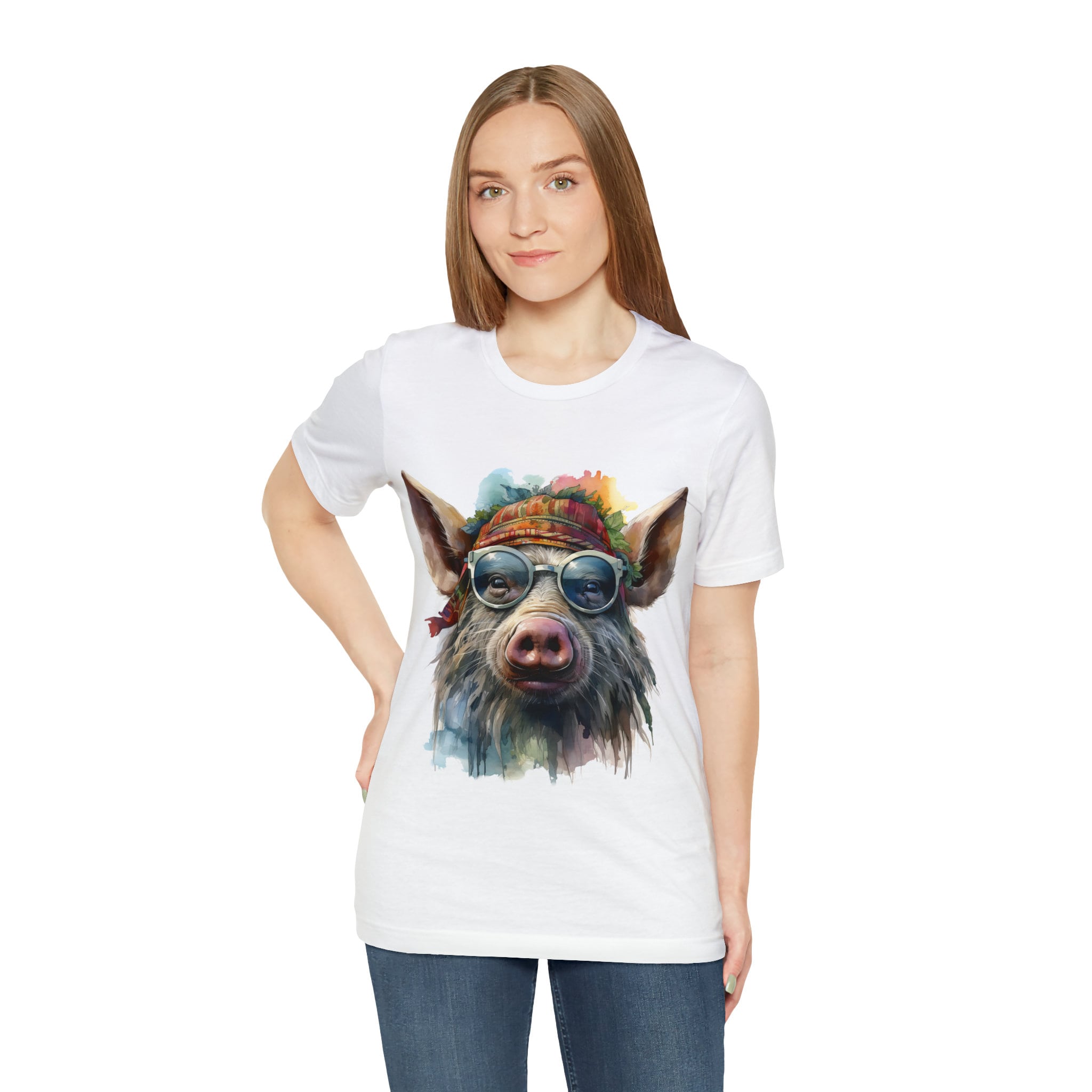 【U LAN】Earty Overfit Pig Short Sleeve Tee Unisex Jersey Short Sleeve Tee, Boho Hippie Pig Hog Animal