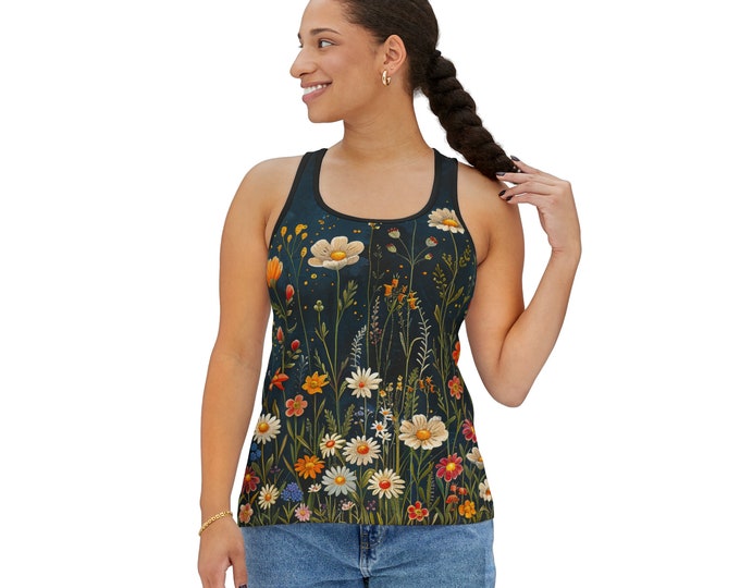 Women's Racerback Tank Top, Floral Tank Top, Silky Polyester Spandex Flowy Tank, Sporty Tank Top, Sizes S-2XL