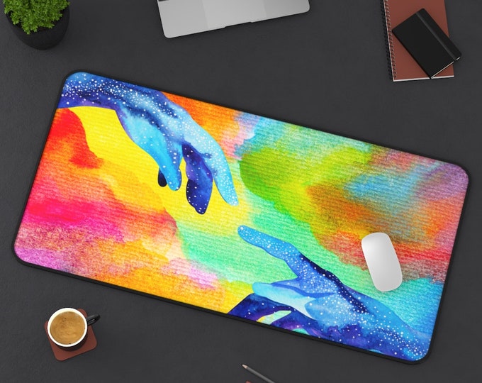 LARGE Hands Watercolor Prism Desk Mat, 3 Sizes Non Slip Desk Pad, Office Computer Tech Supplies, Boho Bohemian Hippie Neoprene Desk Mat