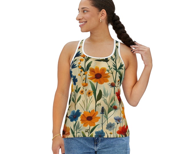 Women's Racerback Tank Top, Floral Tank Top, Silky Polyester Spandex Flowy Tank, Sporty Tank Top, Sizes S-2XL