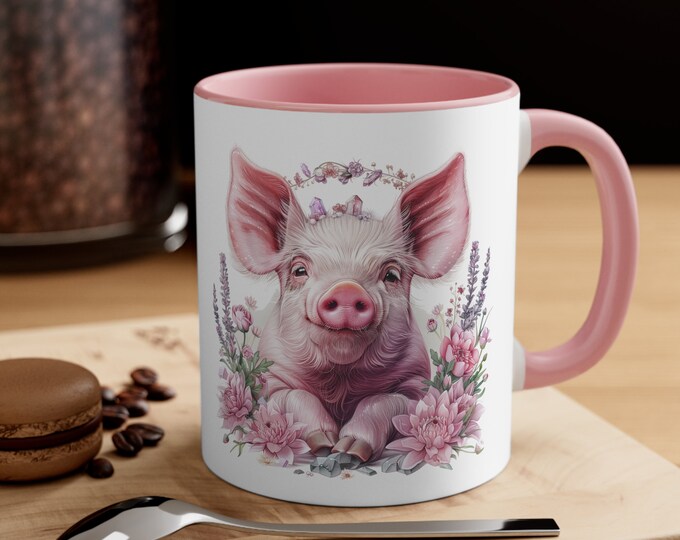 Ceramic Coffee Mug, 11oz Boho Coffee Cup, Piggy with Flowers Drink Mug, Choose from 5 Colors!