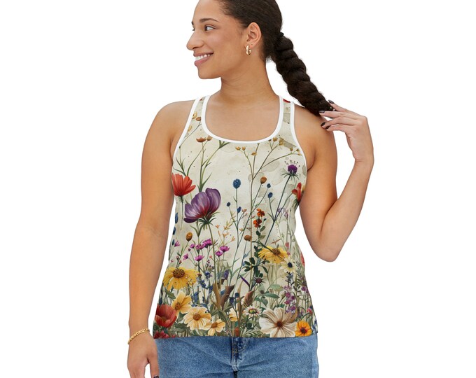 Women's Racerback Tank Top, Floral Tank Top, Silky Polyester Spandex Flowy Tank, Sporty Tank Top, Sizes S-2XL