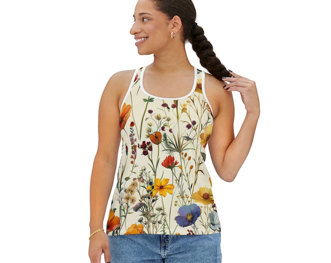 Women's Racerback Tank Top, Floral Tank Top, Silky Polyester Spandex Flowy Tank, Sporty Tank Top, Sizes S-2XL