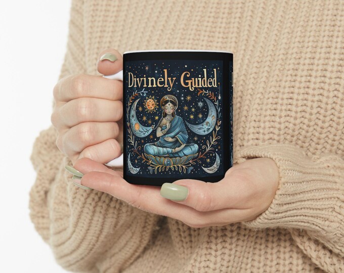 Divinely Guided Ceramic Coffee Mug, 11oz 15oz Boho Coffee Cup, Hippie Design Drink Mug, Ceramic Coffee Mug