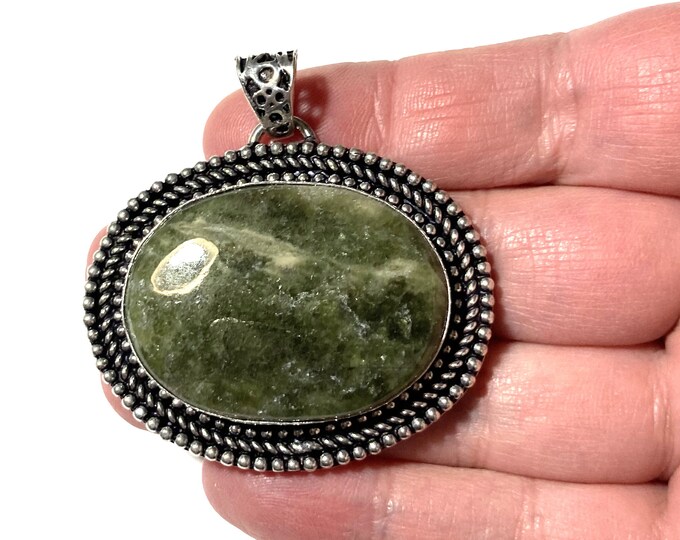 Womens Pendant, Green Serpentine Jade Gemstone Pendant, Sterling Silver Pendant Necklace Jewelry, Healing Boho Bohemian Gem Jewelry