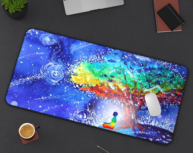 LARGE Meditating Man Tree Desk Mat, 3 Sizes Non Slip Desk Pad, Office Computer Tech Supplies, Boho Bohemian Hippie Neoprene Desk Pad