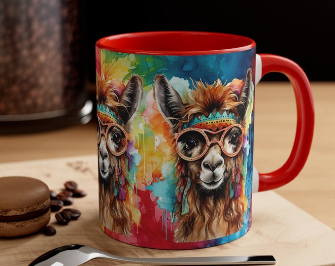 Ceramic Coffee Mug, 11oz Boho Coffee Cup, Tie Dye Hippie Llama Animal Drink Mug, Choose from 5 Colors!