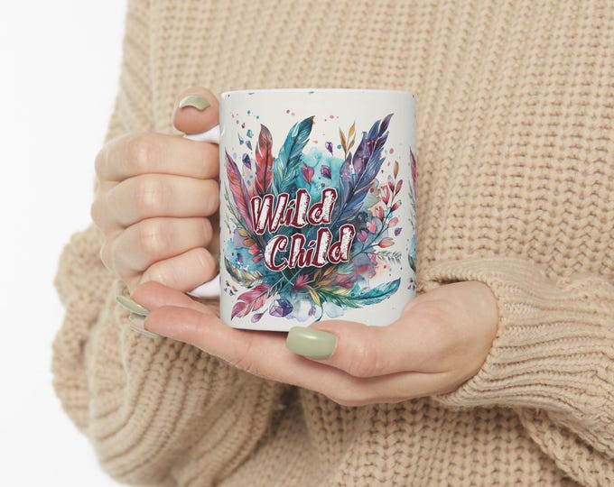 Wild Child Ceramic Coffee Mug, 11oz 15oz Boho Coffee Cup, Hippie Design Drink Mug, Ceramic Coffee Mug