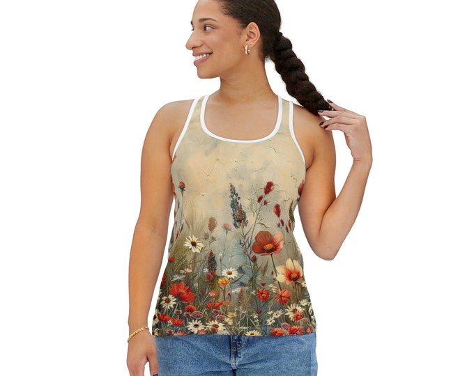 Women's Racerback Tank Top, Floral Tank Top, Silky Polyester Spandex Flowy Tank, Sporty Tank Top, Sizes S-2XL