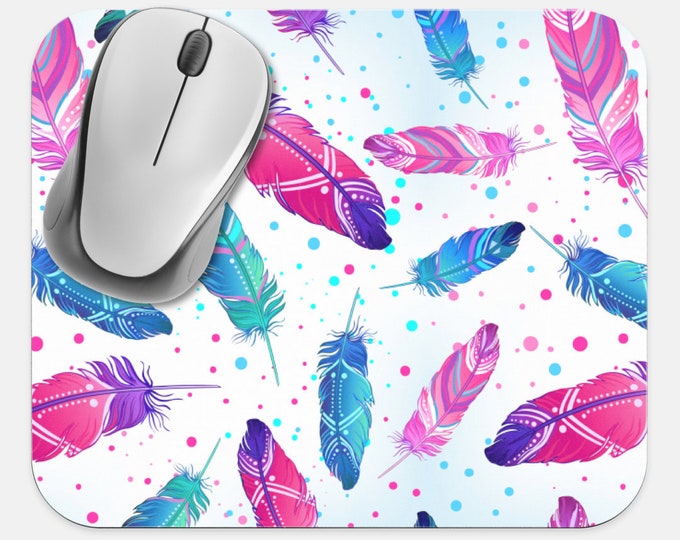 Feathers Mouse Pad, Feather Mouse Pad, Computer Accessories, Tech Desk Supplies, Boho Bohemian Hippie Mouse Pad, Neoprene Non Slip Mouse Pad