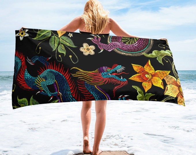 Large Beach Towel, 30 x 60 Inch Towel, Bath Towel, Chinese Dragon Towel, Custom Print Towel, Asian Art Designer Towel, Premium Towel