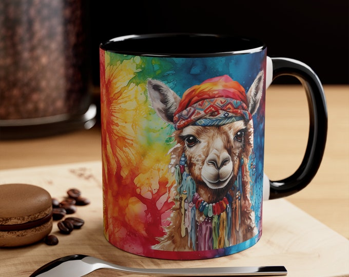 Ceramic Coffee Mug, 11oz Boho Coffee Cup, Tie Dye Hippie Llama Animal Drink Mug, Choose from 5 Colors!