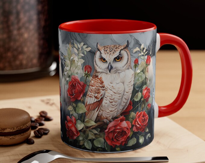 Ceramic Coffee Mug, 11oz Boho Coffee Cup, Owl With Roses Boho Animal Drink Mug, Choose from 5 Colors!