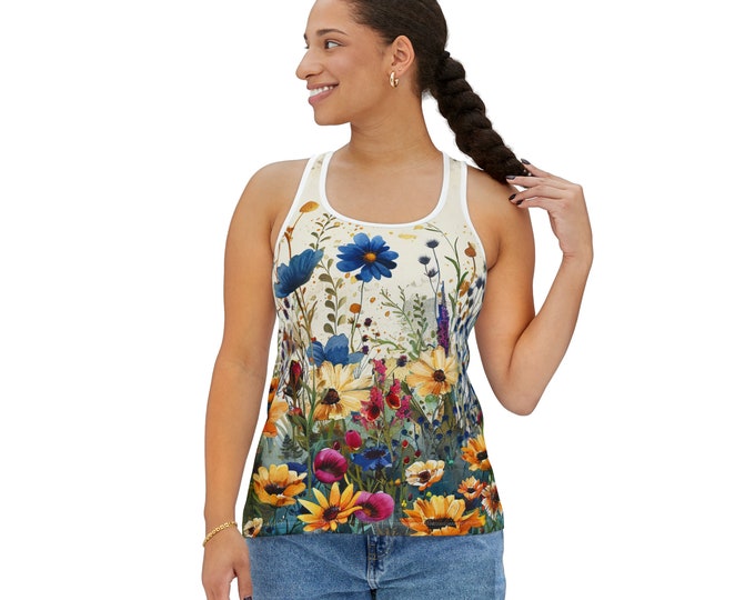 Women's Racerback Tank Top, Floral Tank Top, Silky Polyester Spandex Flowy Tank, Sporty Tank Top, Sizes S-2XL