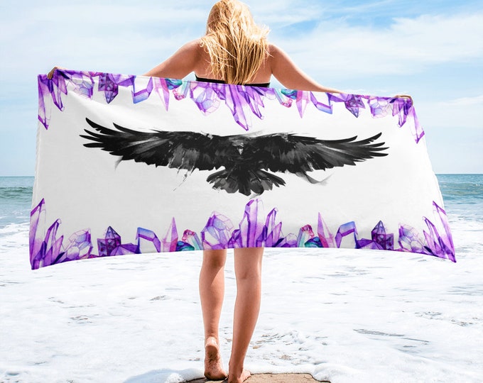 Large Beach Towel, 30 x 60 Inch Towel, Bath Towel, Boho Bohemian Crystals Raven Towel, Custom Print Towel, Crow Gem Designer Premium Towel