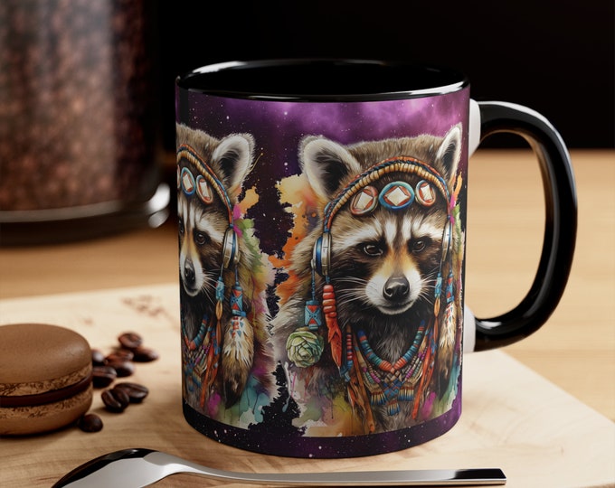 Ceramic Coffee Mug, 11oz Boho Coffee Cup, Hippie Raccoon Animal Drink Mug, Choose from 5 Colors!