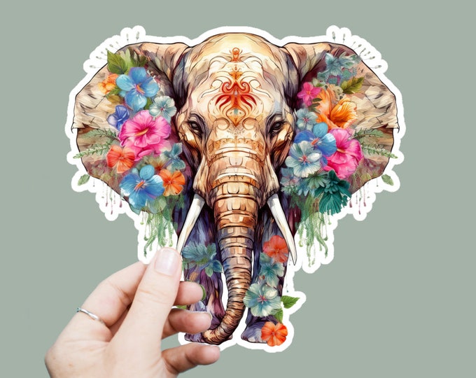 Floral Elephant Vinyl Decal, Satin Finish Boho Animal Sticker, Laptop Sticker, Window Decal, Water Bottle Decal, 4 Sizes To Choose From
