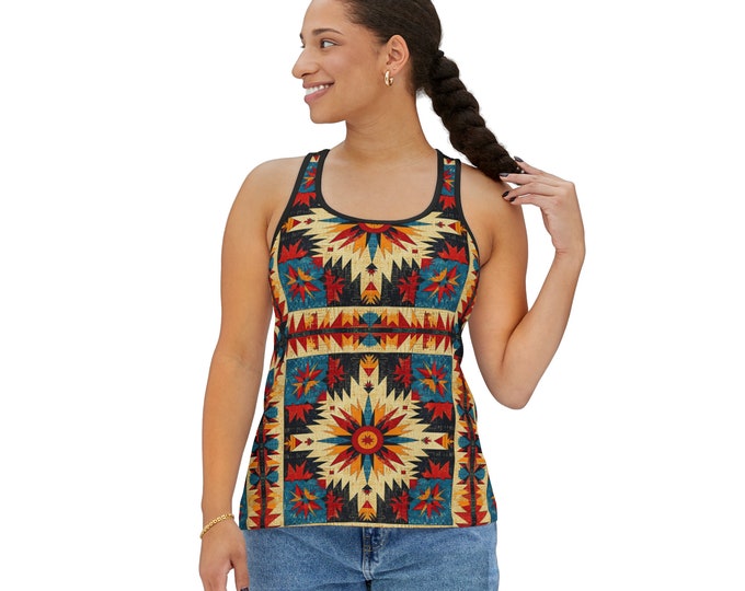 Women's Racerback Tank Top, Boho Tribal Tank Top, Silky Polyester Spandex Flowy Tank, Sporty Tank Top, Sizes S-2XL