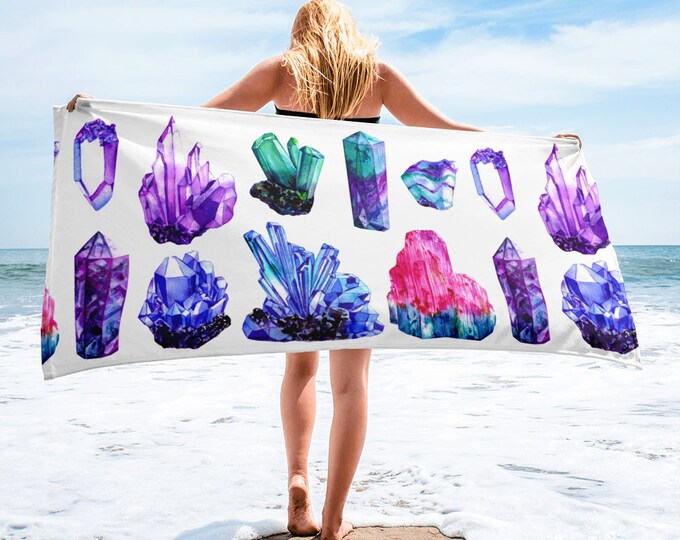 Large Beach Towel, 30 x 60 Inch Towel, Bath Towel, Boho Bohemian Crystals Gems Towel, Custom Print Towel, Heart Gem Designer Premium Towel