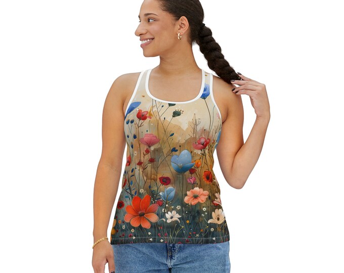 Women's Racerback Tank Top, Floral Tank Top, Silky Polyester Spandex Flowy Tank, Sporty Tank Top, Sizes S-2XL