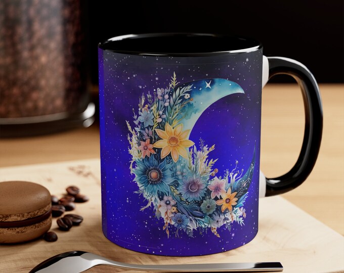 Ceramic Coffee Mug, 11oz Boho Coffee Cup, Hippie Galaxy Crescent Moon Drink Mug, Choose from 5 Colors!