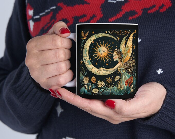 Believe in Magic Ceramic Coffee Mug, 11oz 15oz Boho Coffee Cup, Hippie Design Drink Mug, Psychic Witchy Magic Mug