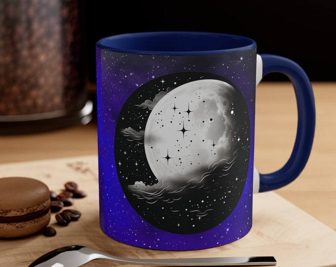 Ceramic Coffee Mug, 11oz Boho Coffee Cup, Hippie Galaxy Moon and Stars Drink Mug, Choose from 5 Colors!
