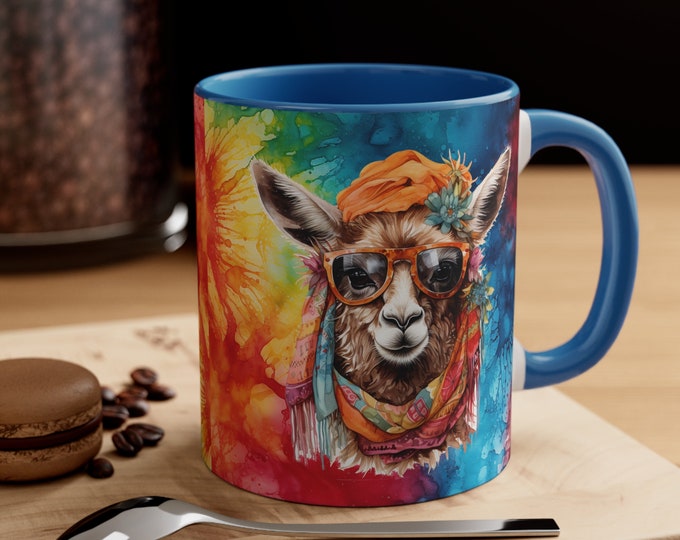 Ceramic Coffee Mug, 11oz Boho Coffee Cup, Tie Dye Hippie Llama Animal Drink Mug, Choose from 5 Colors!