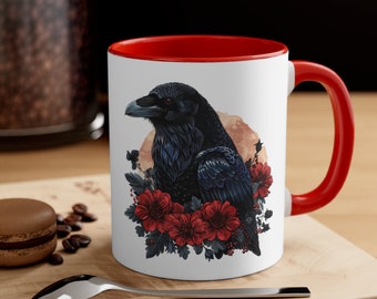 Ceramic Coffee Mug, 11oz Boho Coffee Cup, Raven with Roses Drink Mug, Choose from 5 Colors!