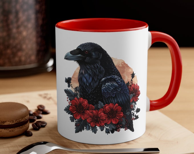 Ceramic Coffee Mug, 11oz Boho Coffee Cup, Raven with Roses Drink Mug, Choose from 5 Colors!