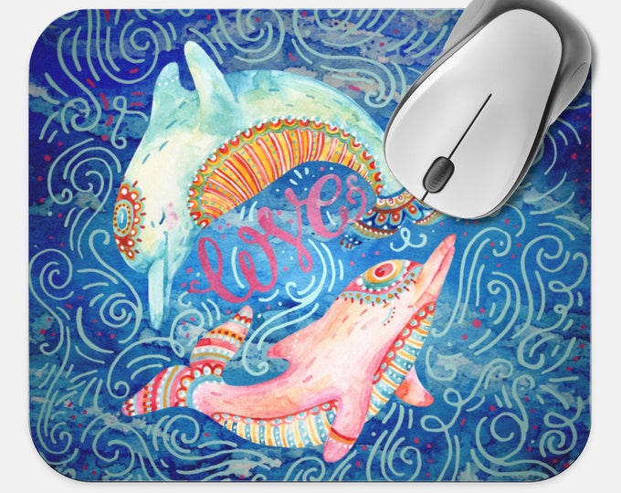 Dolphin Mouse Pad, Boho Bohemian Mouse Pad, Computer Accessories, Tech Desk Supplies, Boho Bohemian Hippie Mouse Pad, Neoprene Mouse Pad