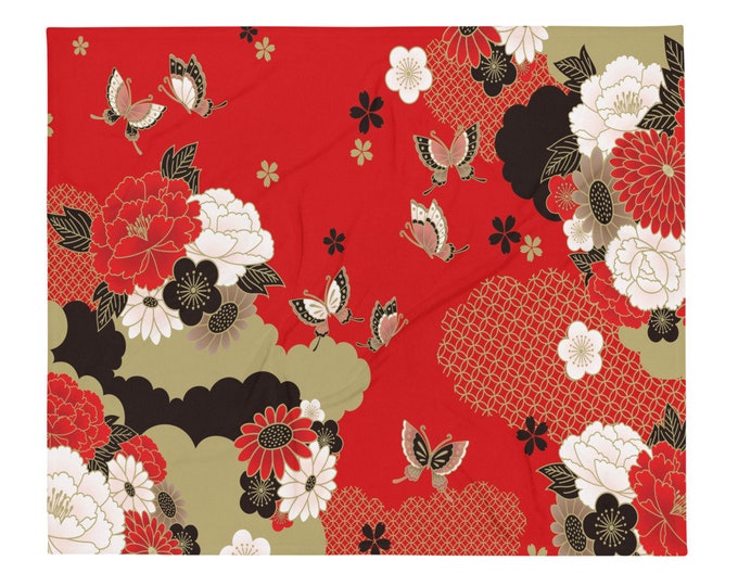 LARGE 50 x 60 Japanese Floral Minky Fleece Throw Blanket, Fleece Blanket, Minky Blanket, Premium Silky Minky Floral Blanket, Asian Art Decor