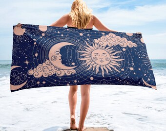 Large Beach Towel, 30 x 60 Inch Towel, Bath Towel, Boho Bohemian Celestial Sun Moon Towel, Custom Print Towel, Stars Designer Premium Towel