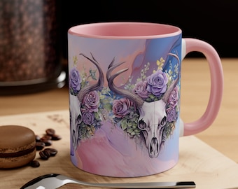 Ceramic Coffee Mug, 11oz Boho Coffee Cup, Deer Skull with Flowers Animal Drink Mug, Choose from 5 Colors!