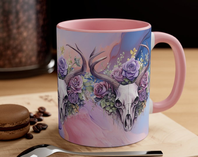 Ceramic Coffee Mug, 11oz Boho Coffee Cup, Deer Skull with Flowers Animal Drink Mug, Choose from 5 Colors!