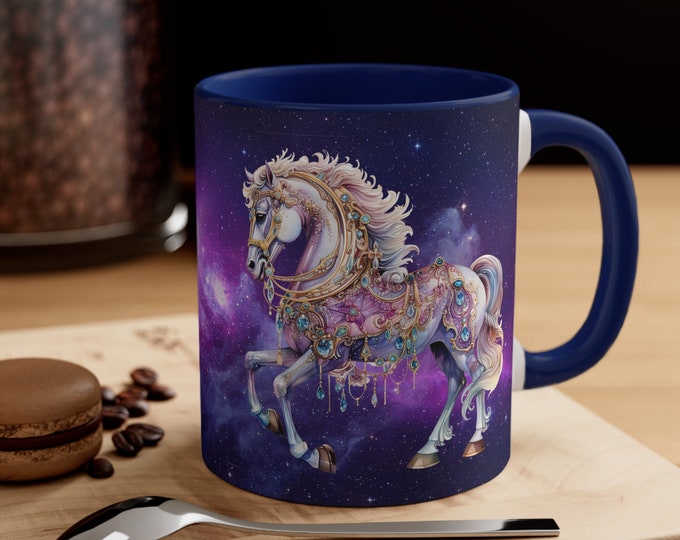 Ceramic Coffee Mug, 11oz Boho Coffee Cup, Hippie Galaxy Bejeweled Carousel Horse Drink Mug, Choose from 5 Colors!