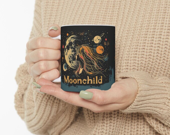 Moonchild Ceramic Coffee Mug, 11oz 15oz Boho Coffee Cup, Hippie Design Drink Mug, Moon Celestial Mug