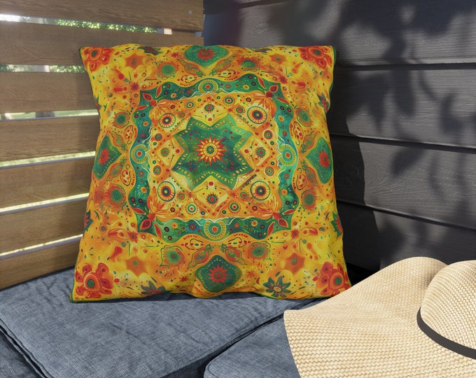 Boho Print Outdoor Decorative Pillow, CHOOSE Your SIZE, UV Resistant Outdoor Pillow, Colorful Pillow Decor, Water Resistant Pillow