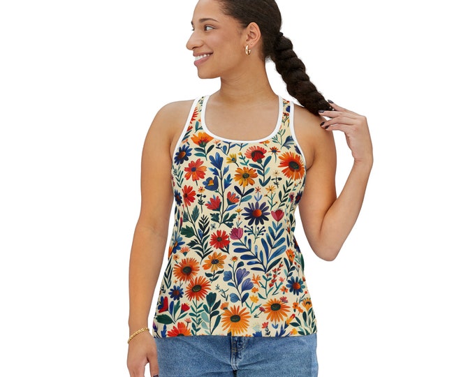 Women's Racerback Tank Top, Floral Tank Top, Silky Polyester Spandex Flowy Tank, Sporty Tank Top, Sizes S-2XL