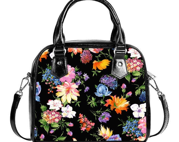 Floral Handbag With Single Shoulder Strap, PU Vegan Leather Lined Handbag Purse, Flowers Leather Bag Purse, Womens Boho Accessories
