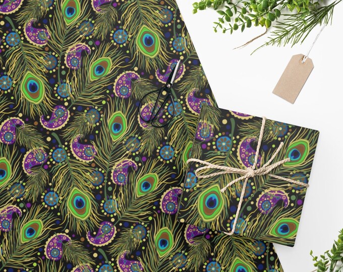 Peacock Feathers Flowers Wrapping Paper, Two Sizes, Sustainably Sourced, Party Supplies, Anniversary Birthday Gift Wrap, Boho Wrapping Paper