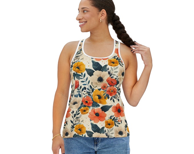 Women's Racerback Tank Top, Floral Tank Top, Silky Polyester Spandex Flowy Tank, Sporty Tank Top, Sizes S-2XL