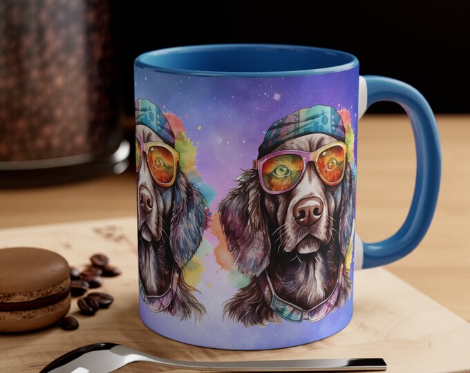 Ceramic Coffee Mug, 11oz Boho Coffee Cup, Hippie Galaxy Dog with Sunglasses Drink Mug, Choose from 5 Colors!