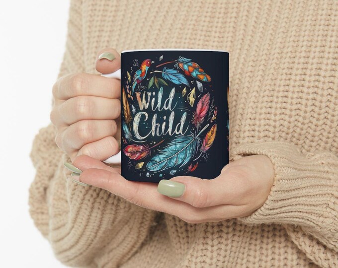 Wild Child Ceramic Coffee Mug, 11oz 15oz Boho Coffee Cup, Hippie Design Drink Mug, Ceramic Coffee Mug