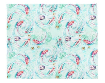 LARGE 50 x 60 Japanese Koi Fish Minky Fleece Throw, Fleece Blanket, Minky Blanket, Premium Silky Minky Floral Blanket, Asian Art Decor