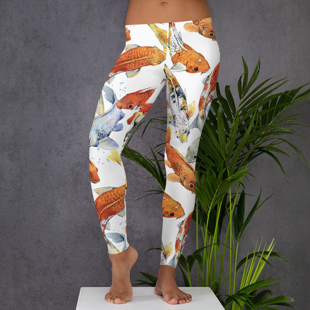 Womens Leggings, Boho Koi Fish Print Leggings, Exercise Yoga Pants,  Japanese Koi Print Hippy Custom Printed Leggings XS S M L XL Size