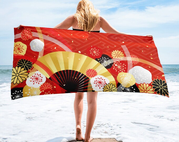 Large Beach Towel, 30 x 60 Inch Towel, Bath Towel, Japanese Fan Art Towel, Custom Print Towel, Asian Art Designer Towel, Premium Towel